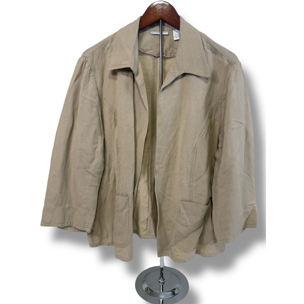 Vintage Preswick & Moore Jacket Women's XL Linen Blend Open Front Blazer Khaki - Picture 1 of 11